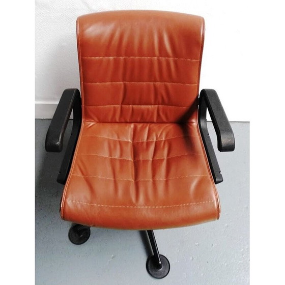 Image 1 of Fauteuil de bureau vintage en cuir avec accoudoirs par Sapper pour Knoll