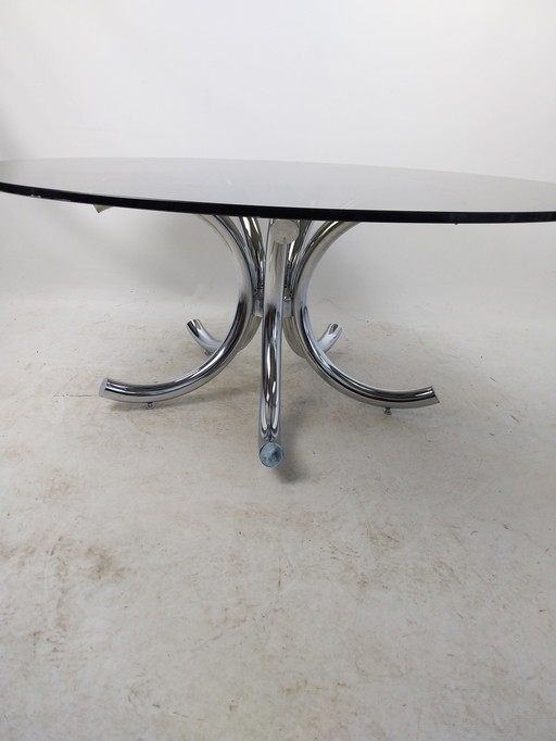 1 X Table basse en acier chromé avec plateau en verre fumé 110Cm.