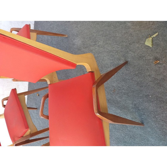 Image 1 of Ensemble de 4 chaises vintage en bois et skaï rouge de Maurice Pré