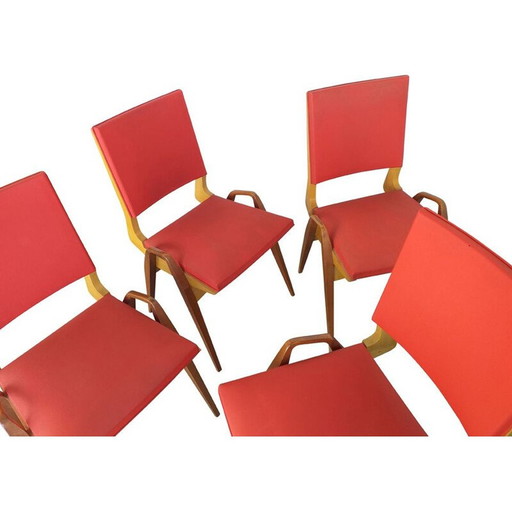 Ensemble de 4 chaises vintage en bois et skaï rouge de Maurice Pré