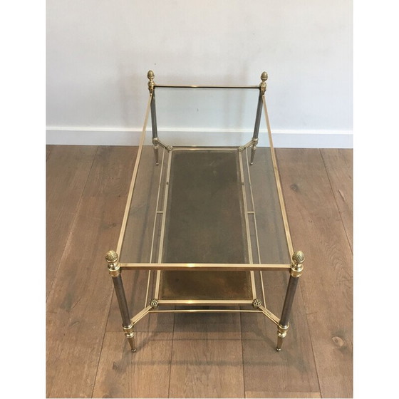 Image 1 of Table basse vintage en laiton et acier brossé avec plateaux en cuir et verre néoclassique transparent, 1940