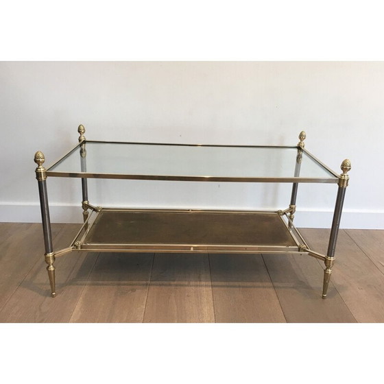 Image 1 of Table basse vintage en laiton et acier brossé avec plateaux en cuir et verre néoclassique transparent, 1940