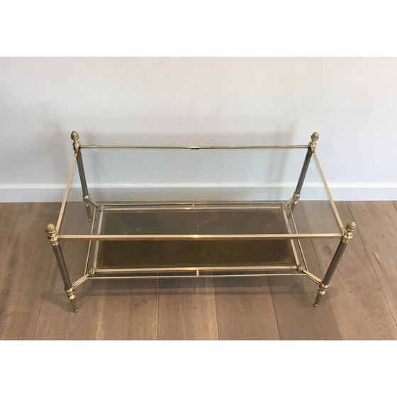 Image 1 of Table basse vintage en laiton et acier brossé avec plateaux en cuir et verre néoclassique transparent, 1940