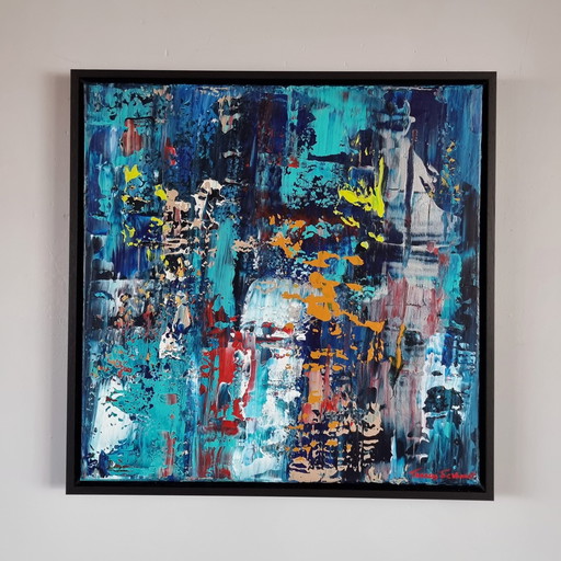 Frances Eckhardt - Peinture abstraite moderne bleue 50x50 + cadre 1/2