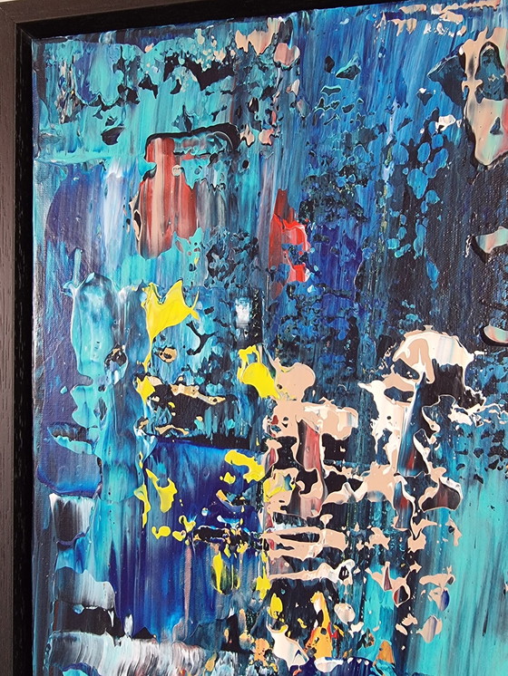 Image 1 of Frances Eckhardt - Peinture abstraite moderne bleue 50x50 + cadre 1/2