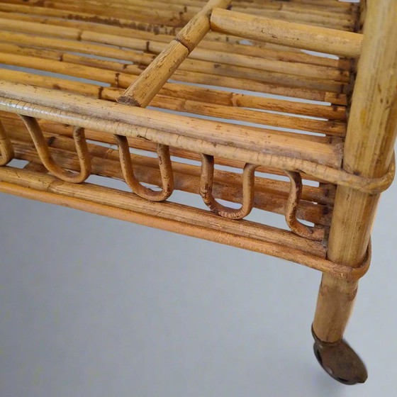 Image 1 of 1960S Gorgeous Bamboo & Rattan Serving Bar Cart Trolley