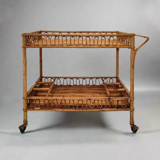 Image 1 of 1960S Gorgeous Bamboo & Rattan Serving Bar Cart Trolley