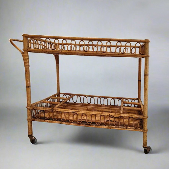 Image 1 of 1960S Gorgeous Bamboo & Rattan Serving Bar Cart Trolley