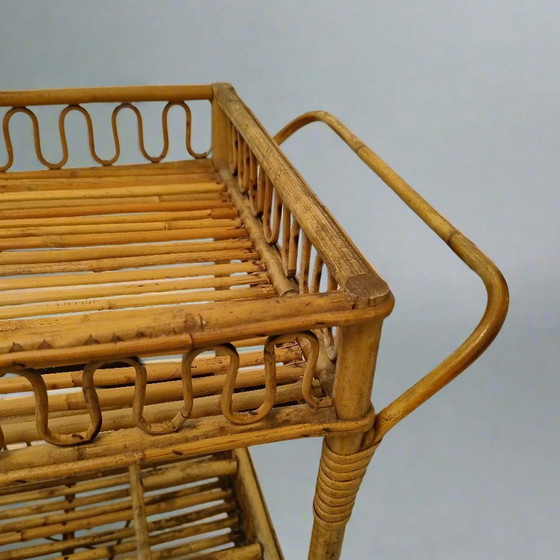 Image 1 of 1960S Gorgeous Bamboo & Rattan Serving Bar Cart Trolley