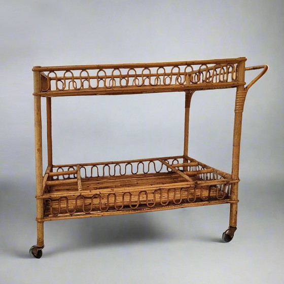 Image 1 of 1960S Gorgeous Bamboo & Rattan Serving Bar Cart Trolley