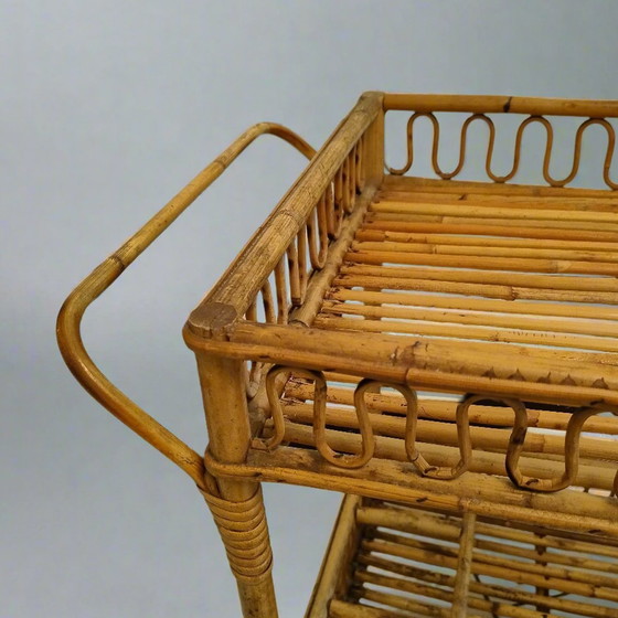 Image 1 of 1960S Gorgeous Bamboo & Rattan Serving Bar Cart Trolley