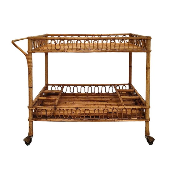 Image 1 of 1960S Gorgeous Bamboo & Rattan Serving Bar Cart Trolley