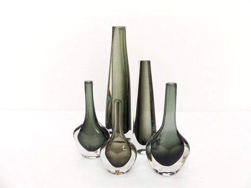 Collection De 5 Vases Scandinaves En Verre Sommerso Nils Landberg Pour Orrefors