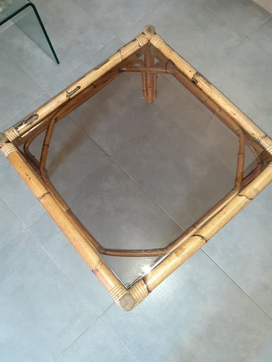 Image 1 of Table basse vintage, rotin, bambou et verre fumé dans le goût de Vivai del Sud