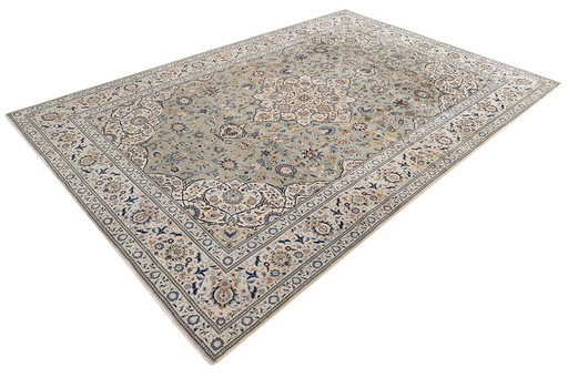 Tapis persan Kashan 3,52 X 2,38 vert pistache Tapis oriental fin