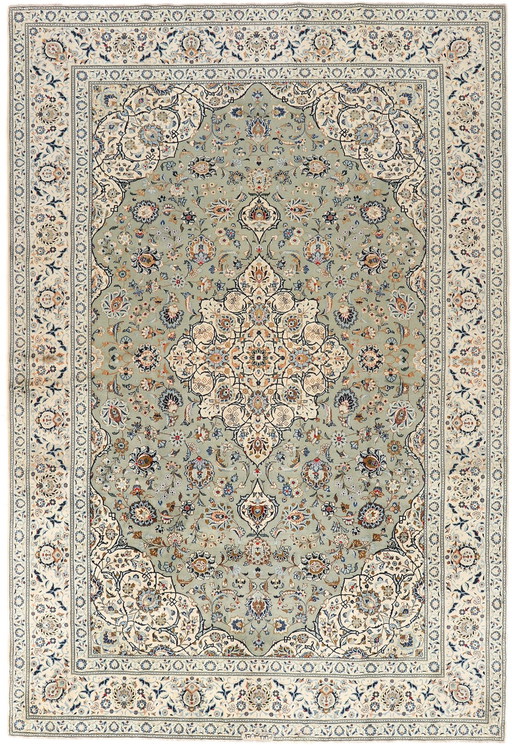 Tapis persan Kashan 3,52 X 2,38 vert pistache Tapis oriental fin