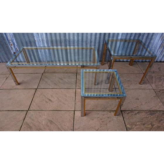 Image 1 of Ensemble de 3 tables basses vintage en métal chromé et doré, 1970