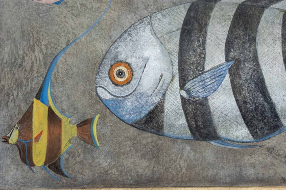 Image 1 of Toile Peinte Représentant Une Planche De Poissons. Travail Contemporain.