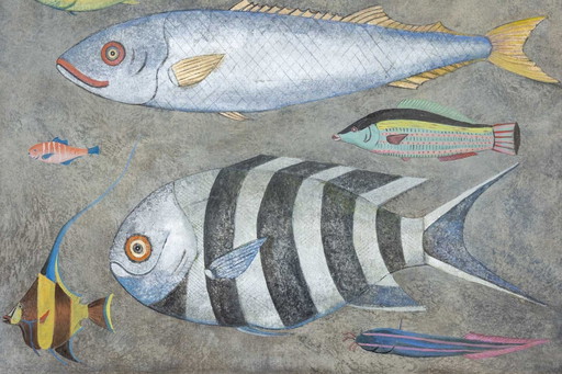 Toile Peinte Représentant Une Planche De Poissons. Travail Contemporain.