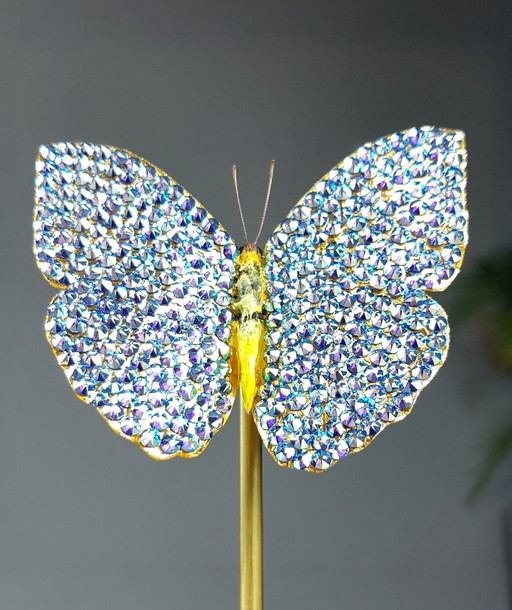 Papillon véritable monté et doré avec de l'or 23Ct et des cristaux Swarovski sous un dôme en verre