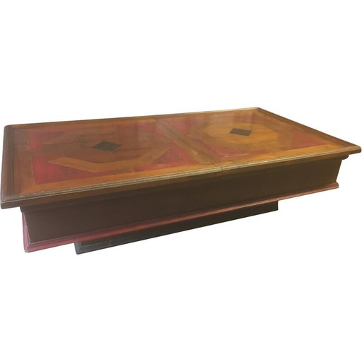 Table basse vintage en bois de chêne avec rangement pour bouteilles