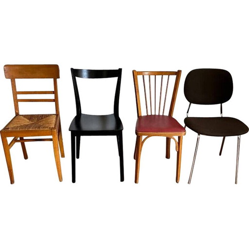 Ensemble de 4 chaises vintage dépareillées en bois et métal