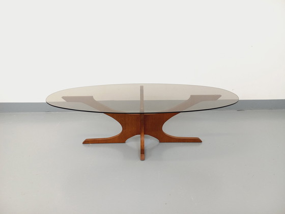Image 1 of Table Basse Ovale Vintage Hugues Poignant en Teck et Verre Fumé des Années 60-70