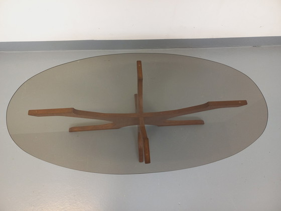 Image 1 of Table Basse Ovale Vintage Hugues Poignant en Teck et Verre Fumé des Années 60-70