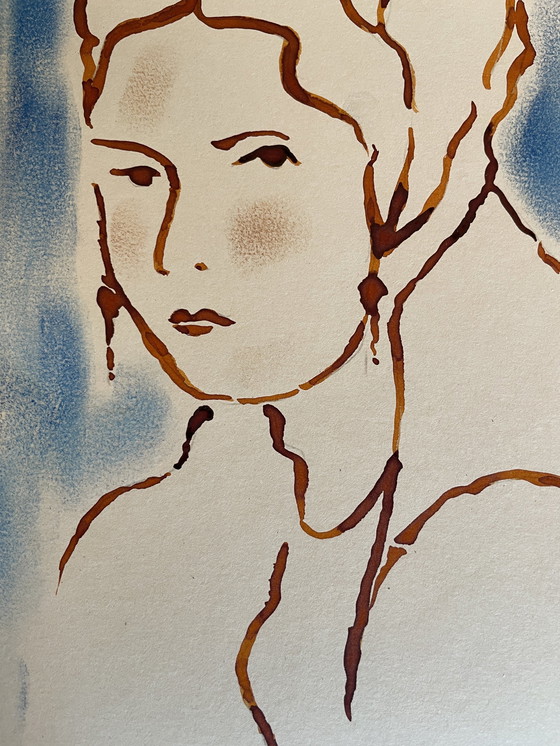 Image 1 of Tableau Encre Pastel Portrait Féminin La Coiffe Art Déco