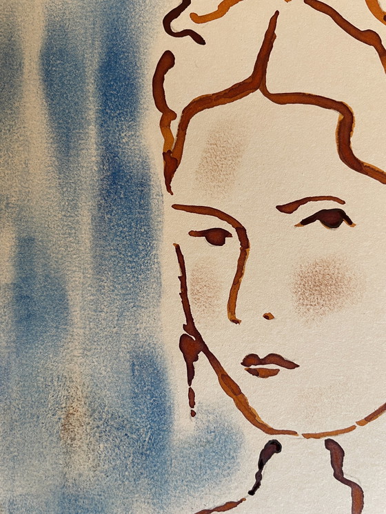 Image 1 of Tableau Encre Pastel Portrait Féminin La Coiffe Art Déco