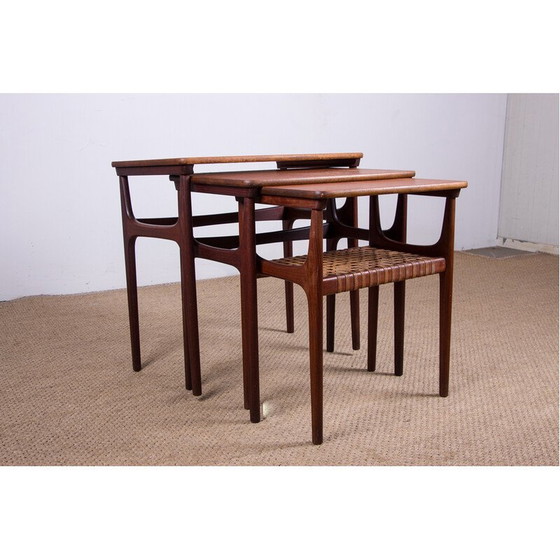 Image 1 of Tables gigognes vintage danoises en teck et rotin par Erling Torvits pour Heltborg Mobler, 1960