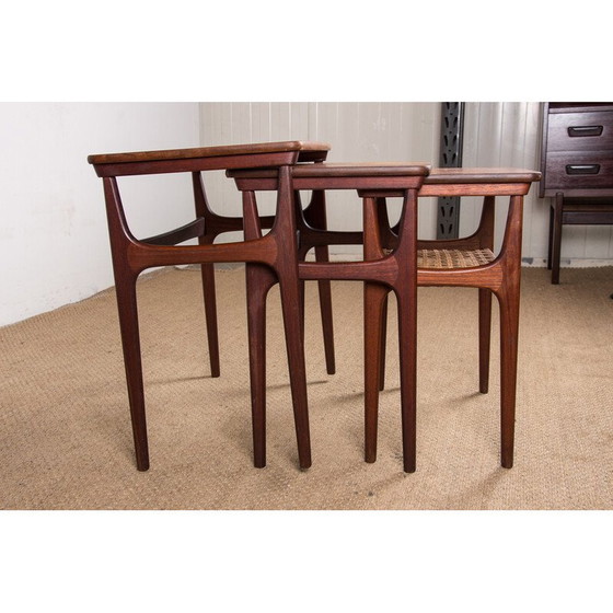Image 1 of Tables gigognes vintage danoises en teck et rotin par Erling Torvits pour Heltborg Mobler, 1960