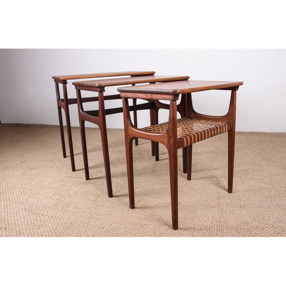Image 1 of Tables gigognes vintage danoises en teck et rotin par Erling Torvits pour Heltborg Mobler, 1960