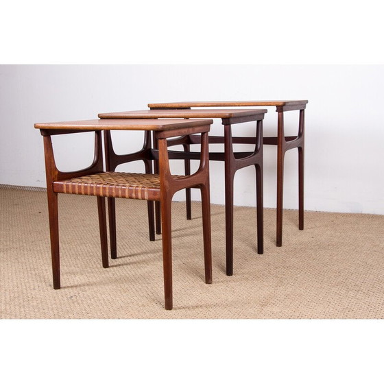 Image 1 of Tables gigognes vintage danoises en teck et rotin par Erling Torvits pour Heltborg Mobler, 1960