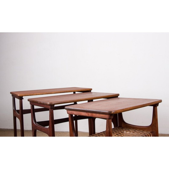 Image 1 of Tables gigognes vintage danoises en teck et rotin par Erling Torvits pour Heltborg Mobler, 1960