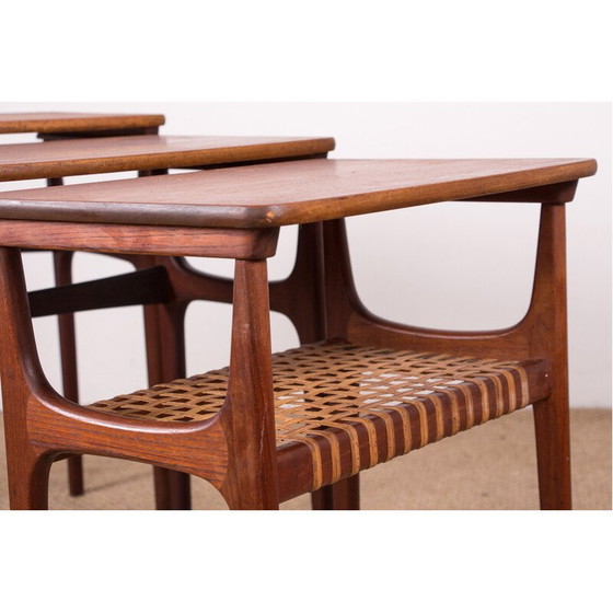 Image 1 of Tables gigognes vintage danoises en teck et rotin par Erling Torvits pour Heltborg Mobler, 1960
