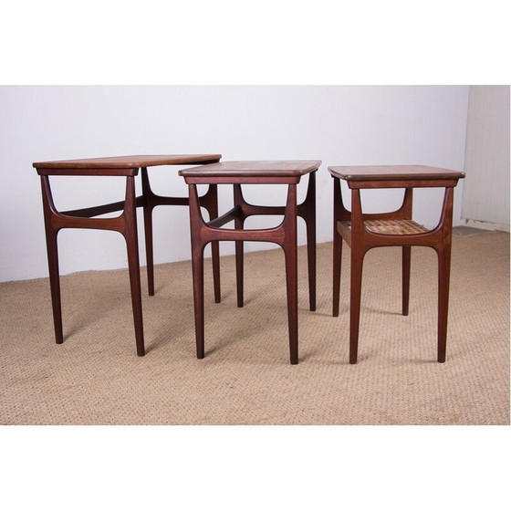 Image 1 of Tables gigognes vintage danoises en teck et rotin par Erling Torvits pour Heltborg Mobler, 1960