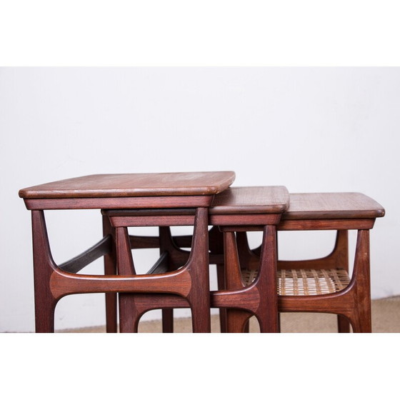 Image 1 of Tables gigognes vintage danoises en teck et rotin par Erling Torvits pour Heltborg Mobler, 1960