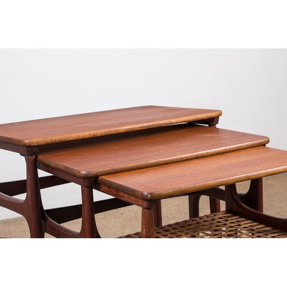 Image 1 of Tables gigognes vintage danoises en teck et rotin par Erling Torvits pour Heltborg Mobler, 1960