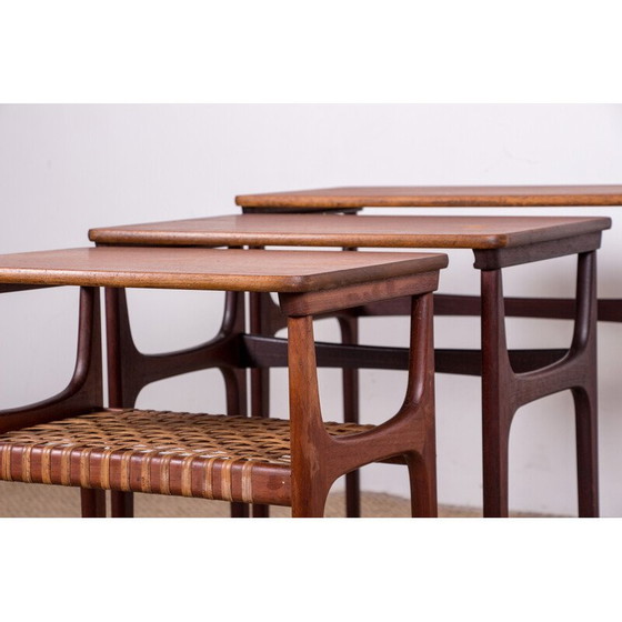 Image 1 of Tables gigognes vintage danoises en teck et rotin par Erling Torvits pour Heltborg Mobler, 1960