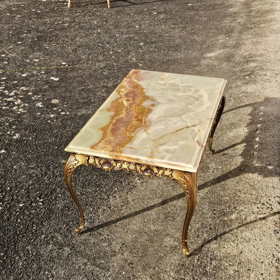 Image 1 of Table à café rectangulaire en marbre vert onyx et bronze - Style Louis Xv-70S