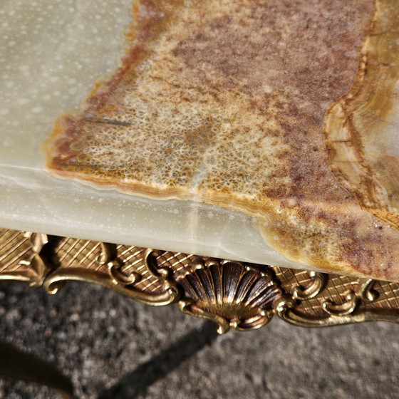 Image 1 of Table à café rectangulaire en marbre vert onyx et bronze - Style Louis Xv-70S