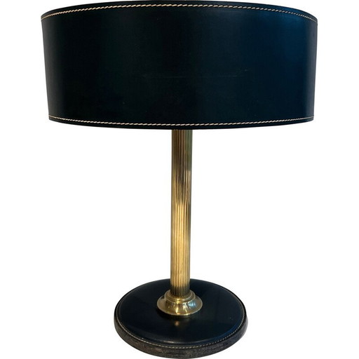 Lampe de bureau vintage en cuir noir et laiton, 1970