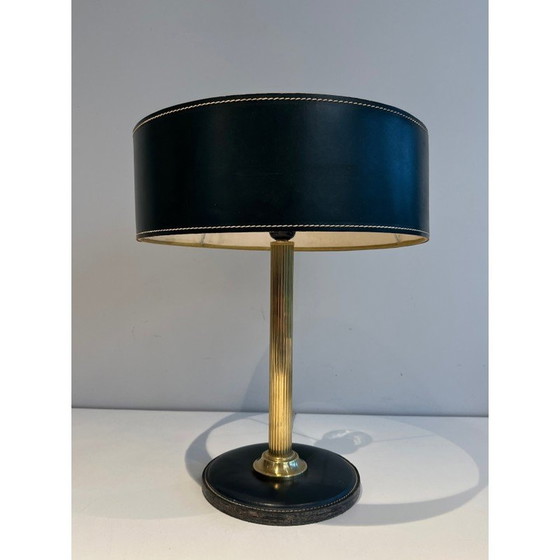 Image 1 of Lampe de bureau vintage en cuir noir et laiton, 1970