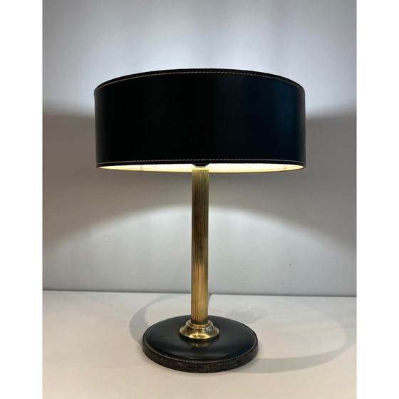 Image 1 of Lampe de bureau vintage en cuir noir et laiton, 1970