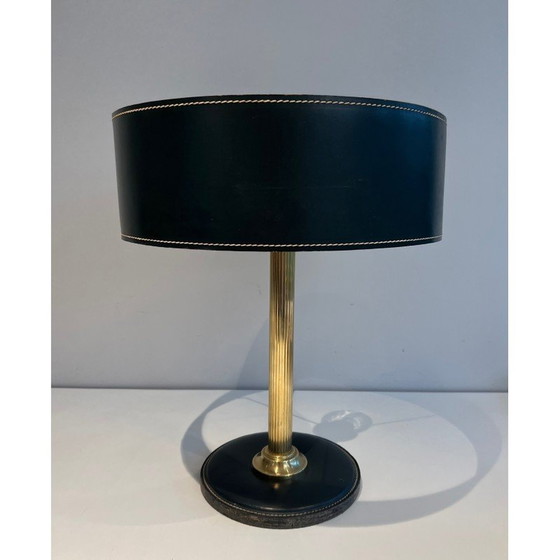 Image 1 of Lampe de bureau vintage en cuir noir et laiton, 1970