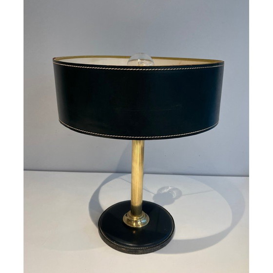 Image 1 of Lampe de bureau vintage en cuir noir et laiton, 1970