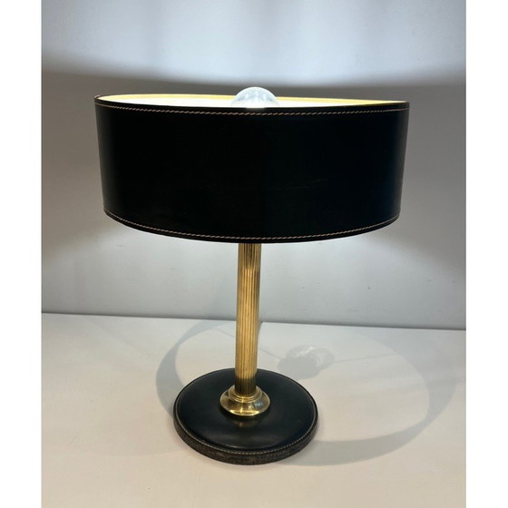 Image 1 of Lampe de bureau vintage en cuir noir et laiton, 1970
