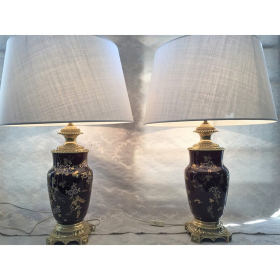 Image 1 of Paire de lampes vintage "Napoléon III" en bronze et faïence, 1800