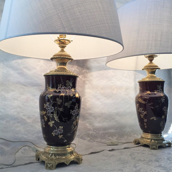 Image 1 of Paire de lampes vintage "Napoléon III" en bronze et faïence, 1800